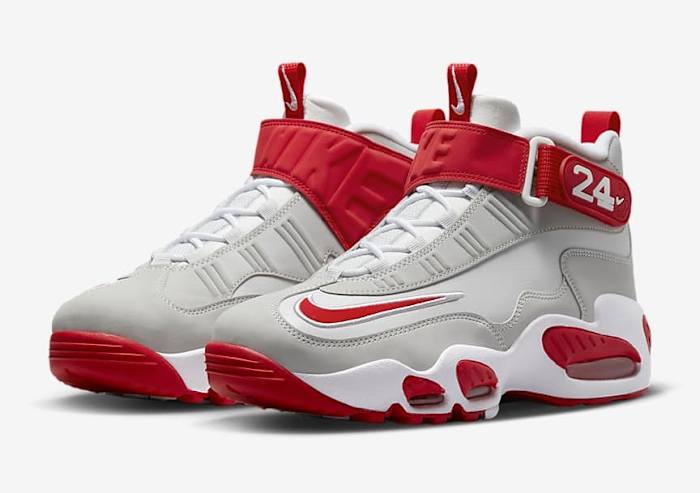Side view of Ken Griffey Jr.'s red and grey Nike sneakers.
